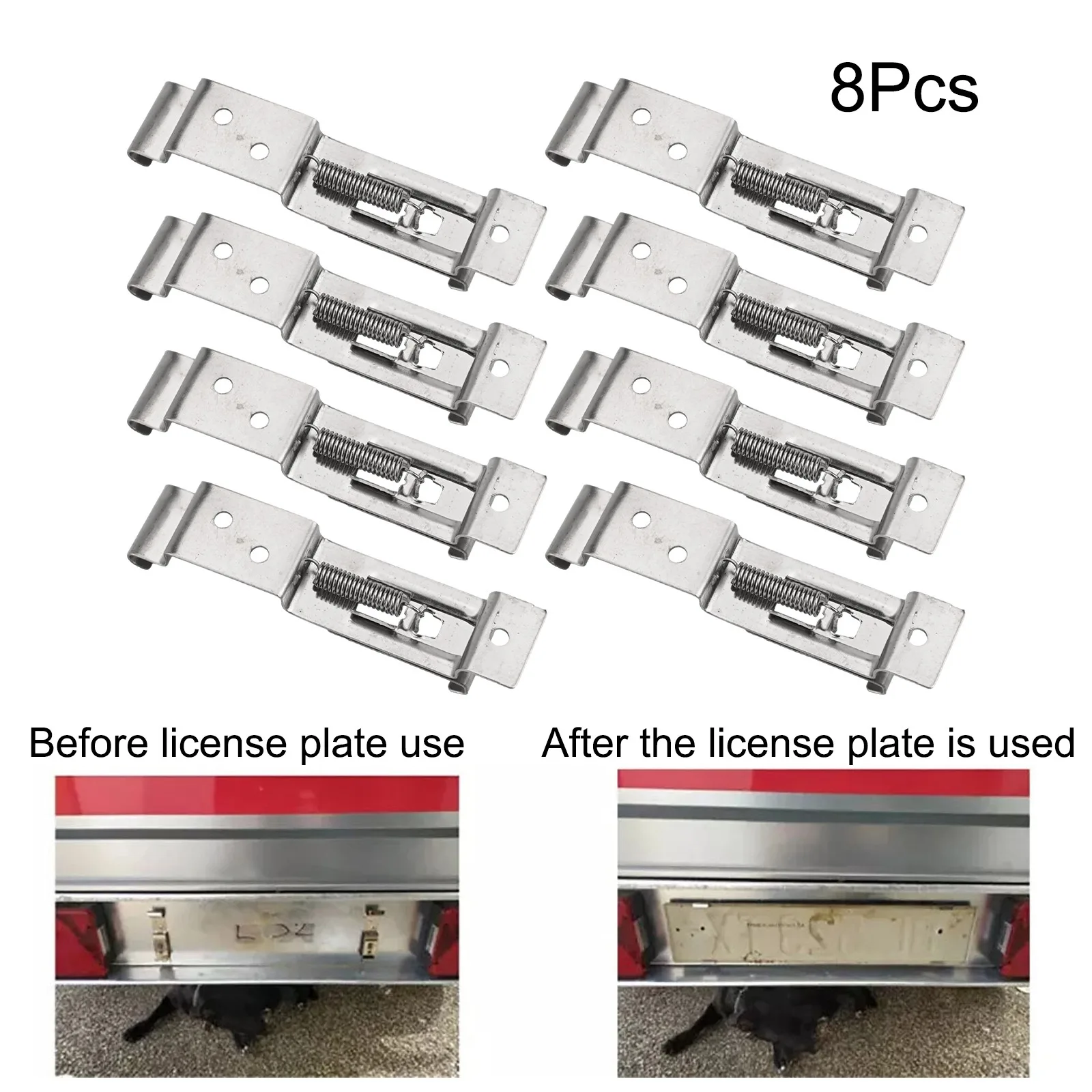 

Set of 8 Stainless Steel License Plate Holder Bracket Frames with Spring Loaded Clamp for Secure Car Trailer Truck Installation