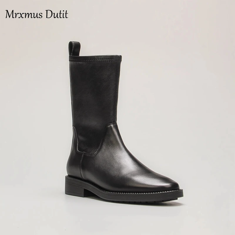 Mrxmus Dutit 2023 Autumn Winter New Fashion Women Round Head Elasticity Slip-on Boots Casual Solid Simple Shoes Female Chic