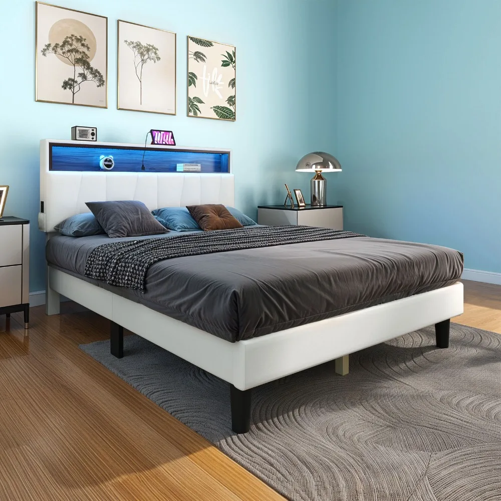 

Full Size Bed Frame w/ Upholstered Headboard Storage