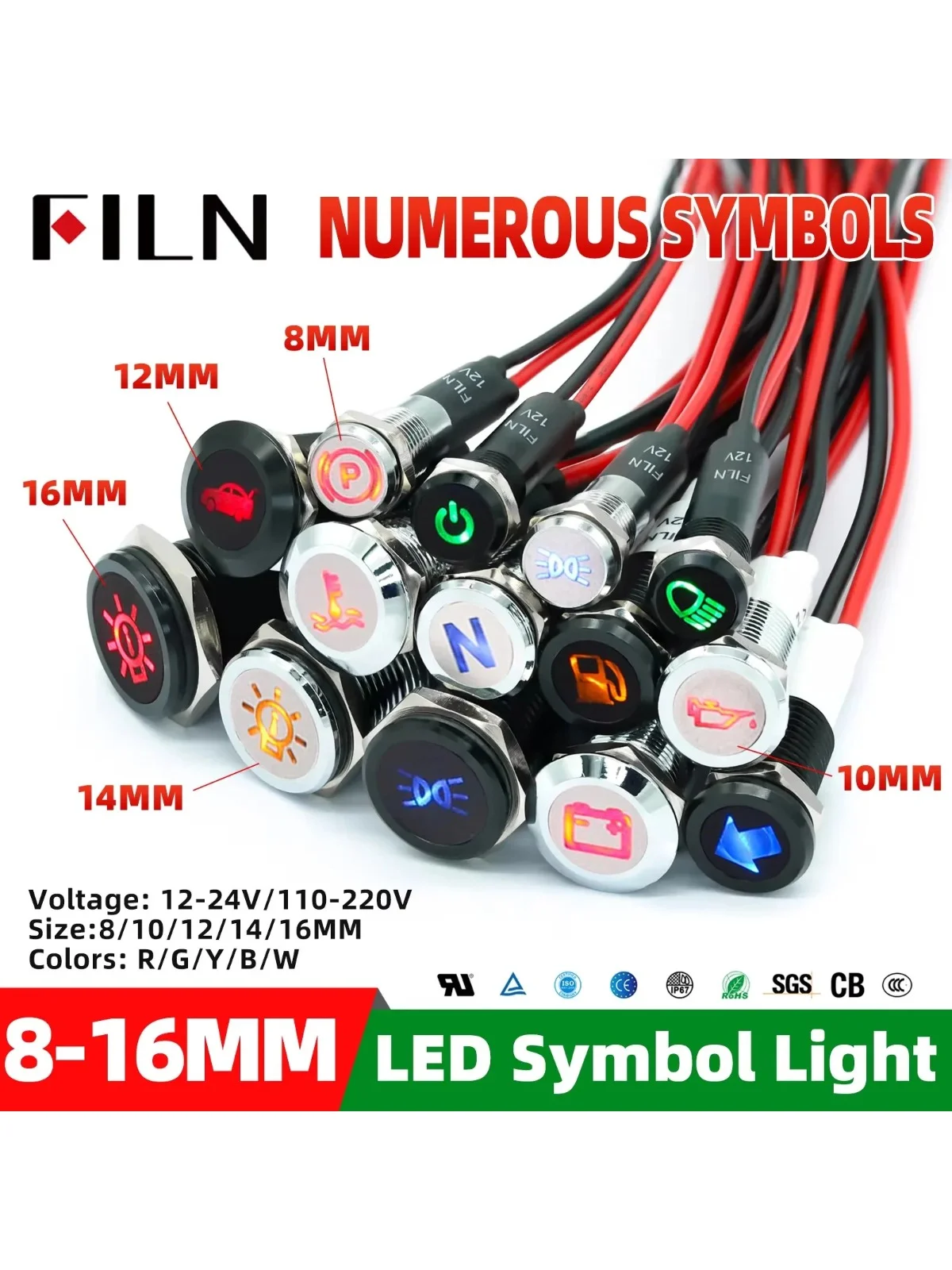 FILN avec fil symbole LED 12V 24V tableau de bord voyant pilote indicateur en métal 8/10/12/14/16mm indicateur lumineux voiture tableau de bord rond machines