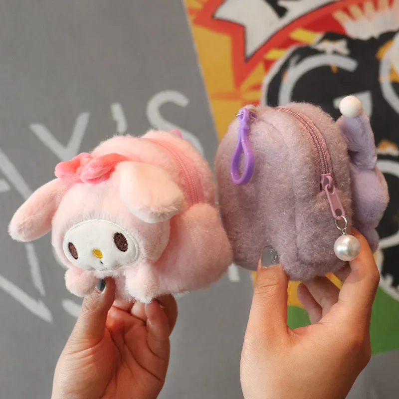 Kawaii Sanrioed peluche borsa giocattolo My Melody Kuromi Cinnamoroll Purin peluche portamonete bambola animale Mini portafoglio ciondolo ragazze regalo