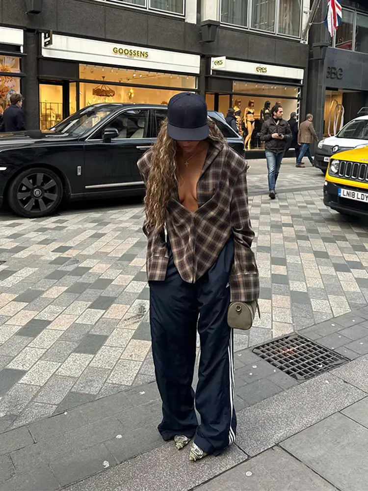 منقوشة القمصان النسائية بدوره إلى أسفل طوق كم طويل زر الكتف وسادة امرأة البلوزات المتضخم الخريف السببية تنورة فضفاضة السيدات