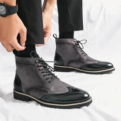 Italian Winter Men Boots Ankle Boots Luxury Brand Lace Up Fashion Boots Men Thick Sole Round Toe Boots Brown Bullock Suede Boots