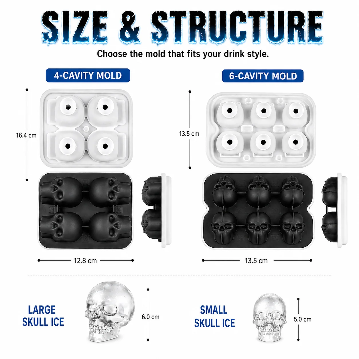 4/6 Cavity Large Skull Ice Cube Maker Silicone Whiskey Ice Tray Slow Melting Ice Cube Mold For Halloween Bar Drinks Accessories - view 4