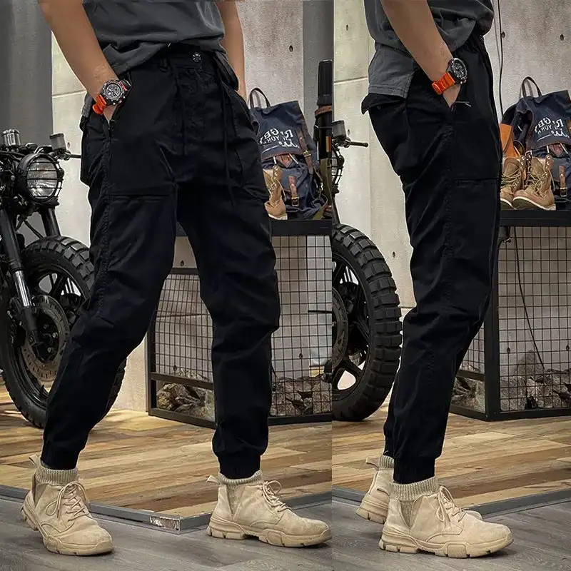 2023 Spring Men\'s Distressed Slim Fit Biker Cargo  Pants Joggers Sweatpants Casual Male Sportswear Techwear Sweatpants