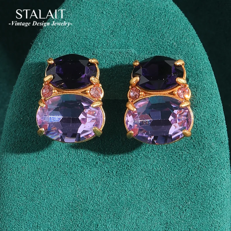 

Vintage Purple Violet Crystal Stud Earrings Antique Gold Color Oval Luxury Designer Jewelry For Woman Elegant Wedding 2025 New