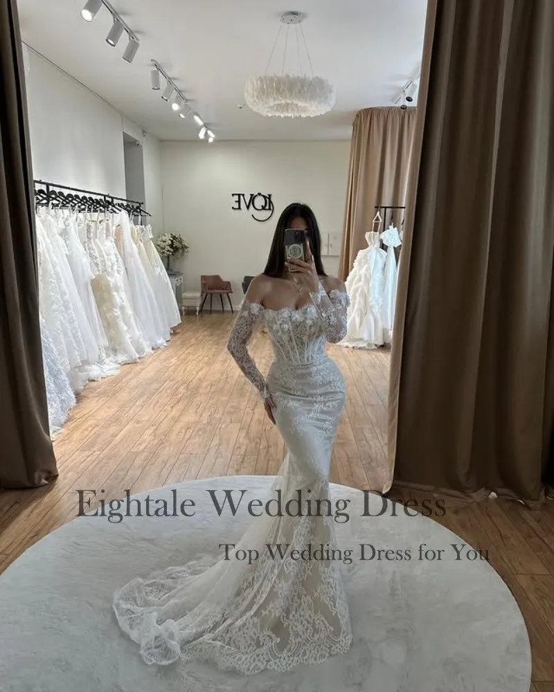 Eightale Boho Wedding Dress Customized Lace 3D Flowers Strapless Long Sleeves White Ivory Mermaid Bridal Gown Vestido De Noiva