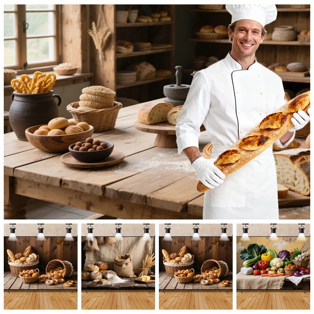 

Rustic Bakery Photography Backdrop Custom Kitchen Baking Bread Cake Donut Theme Kids Birthday Party Portrait Photo Booth Vinyl