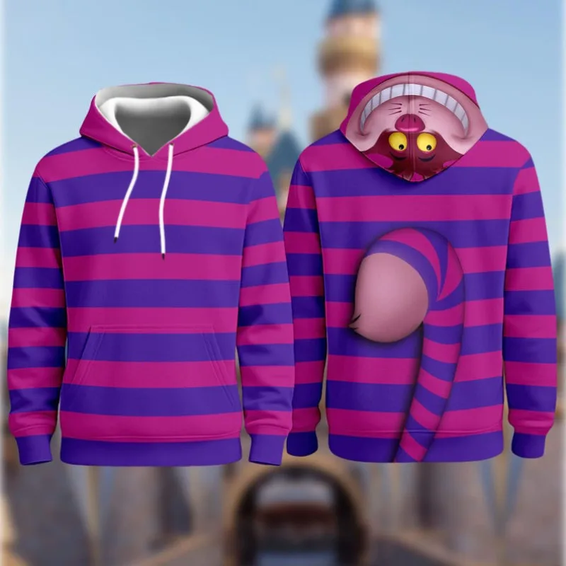

Disney Alice in Wonderland Cheshire Cat 3D Print Hoodie Family Matching Crew Neck Face on Hood Tail Back Disney Park Casual Top