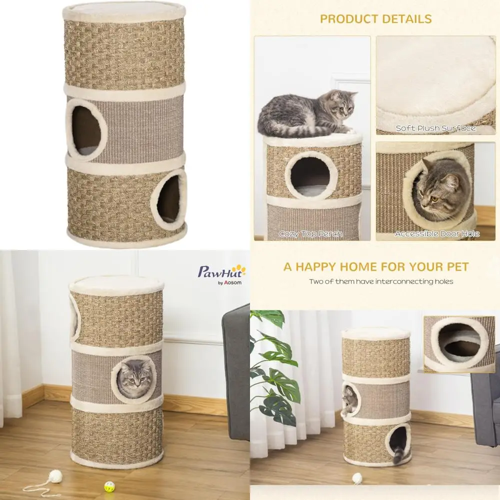 

3-Story Indoor Cat Tree with Sisal Scratch Pad, Barrel-Shaped Hideaway for Small Cats, Khaki Colored, Ideal for Feline Play and