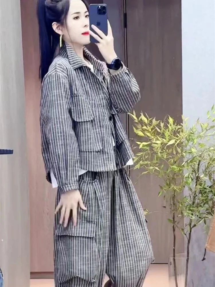

Trendy casual vertical stripe oversized pocket design jacket cargo baggy pants autumn new fashionable loose two piece set