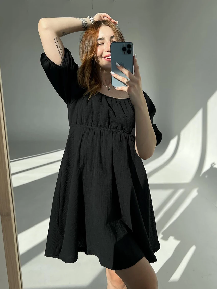 

Marthaqiqi Cotton Women'S Nightgowns Sexy Square Collar Sleepwear Short Sleeve Nightwear Backless Mini Dress Casual Home Clothes