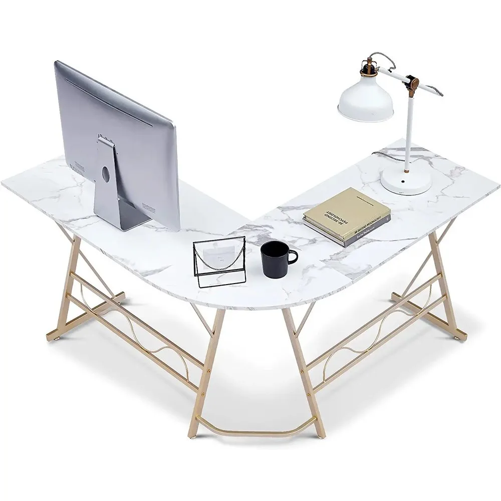 مكتب كمبيوتر على شكل حرف L بإطار معدني، طاولة دراسة للكتابة على مكتب Honm #3