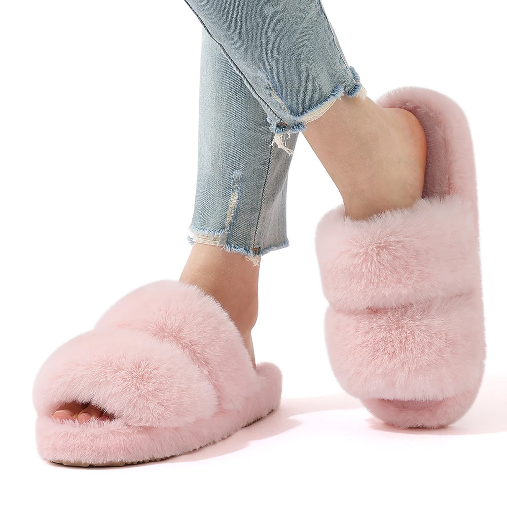 Comwarm Women Fuzzy Slippers Winter New Open Toe Fluffy Slippers Indoor Warm Fur Female Slides Fashion Plush Women House Shoes