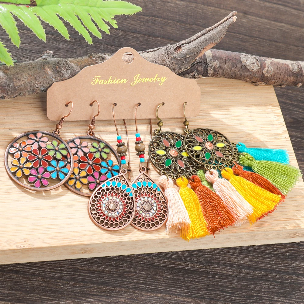 Bohemian-Style Vintage Distressed Earring Set — 3-Pair Pack of Openwork Tassel Earrings | Women's Vacation Accessories