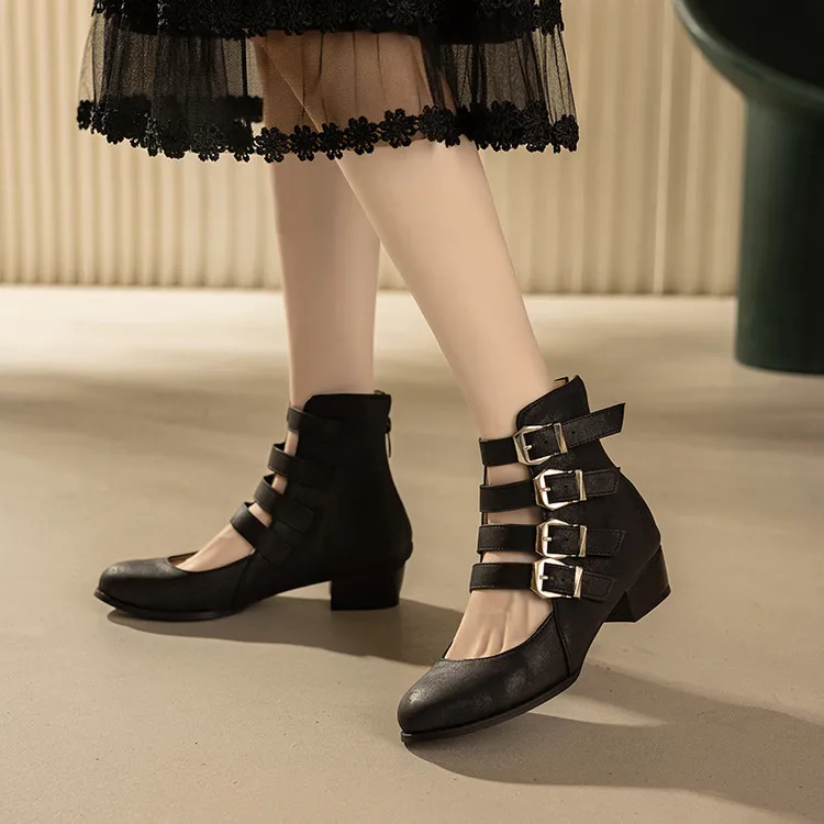 

Gothic Mary Jane Women Ankle Boots Buckle Strap Block Heel Round Toe Back Zipper Shoes Retro Punk Footwear