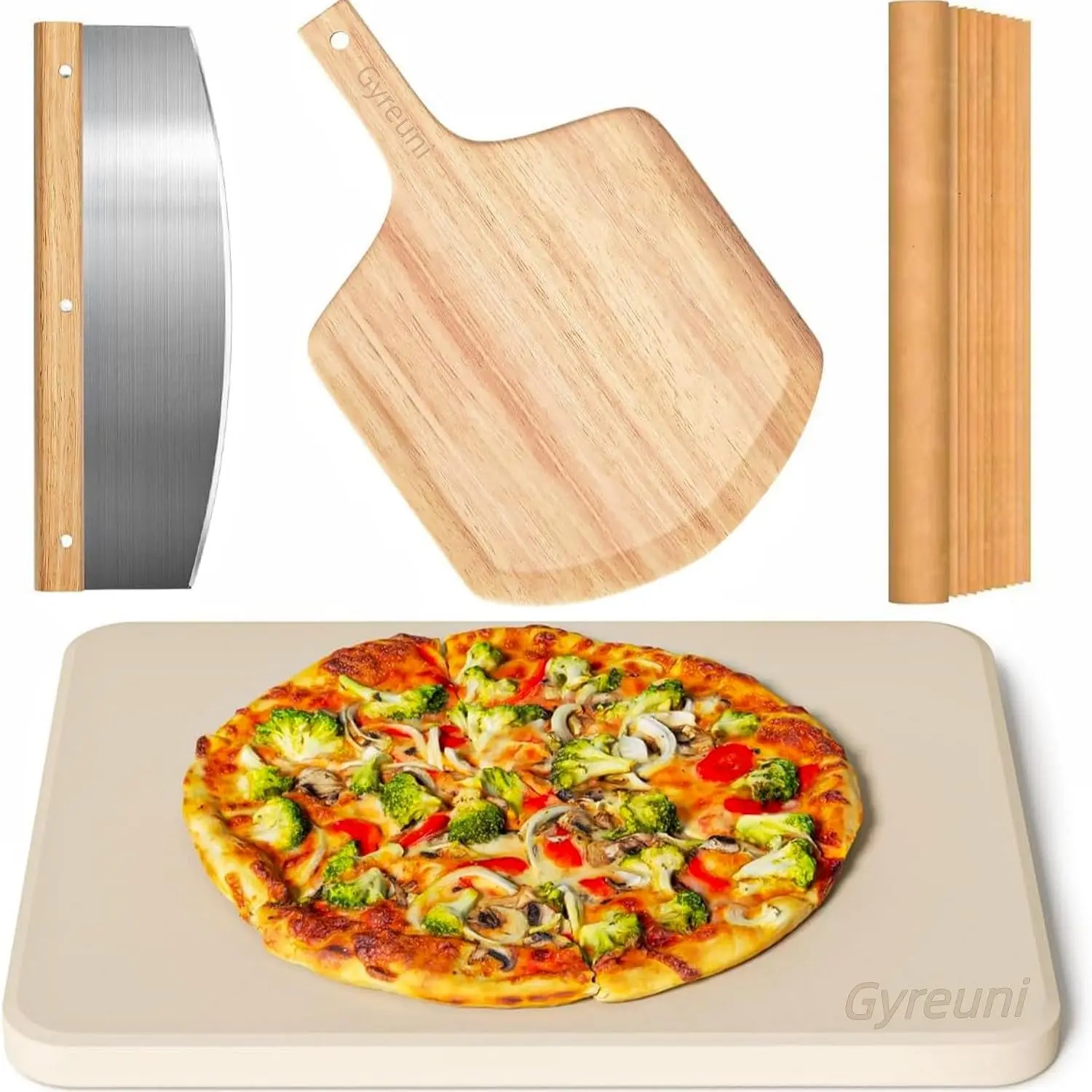 

4 PCS Rectangle Stone Set, 15" Large Stone for Oven and Grill with Peel(OAK), Cutter & 10pcs Cooking Pap