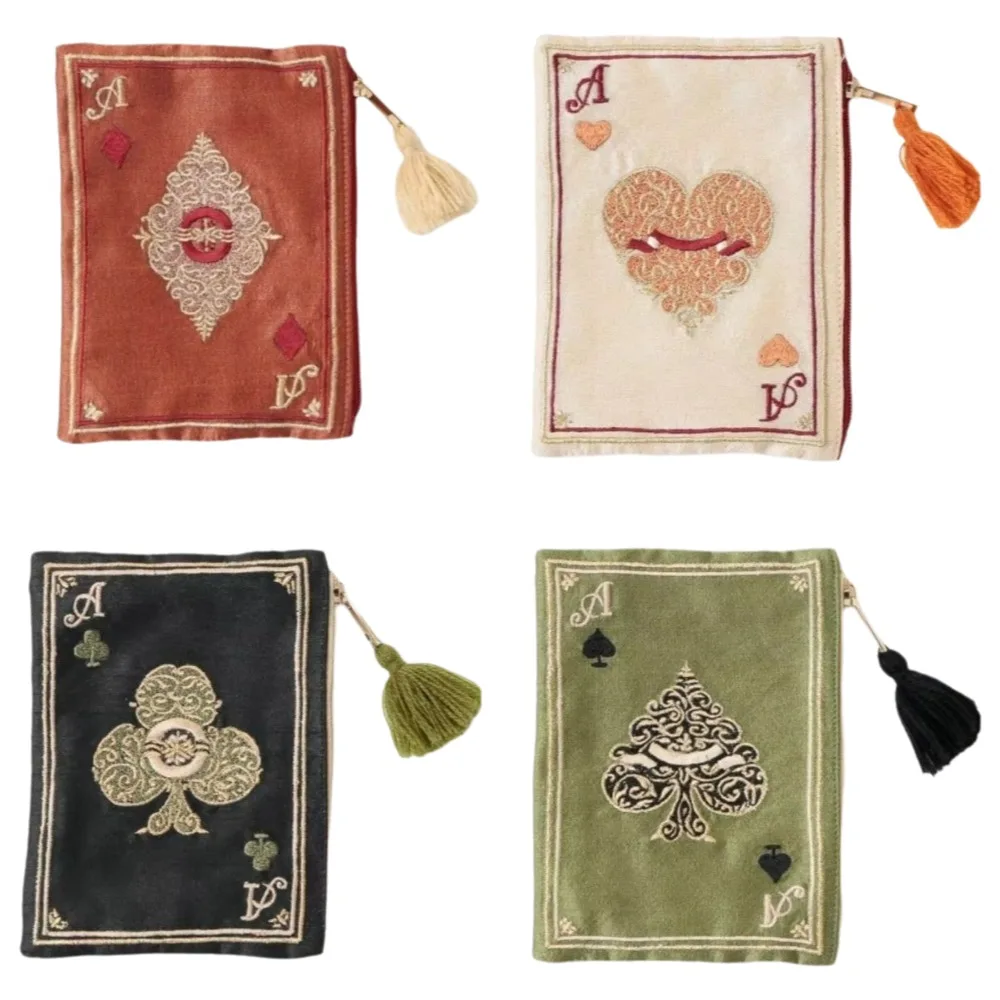 Nueva Bolsa Cosmética Bordada a Mano, Estilo Étnico, con Diseño de Cartas de Póker, Bolsa para Monedas, Retro, Portátil, con Flecos