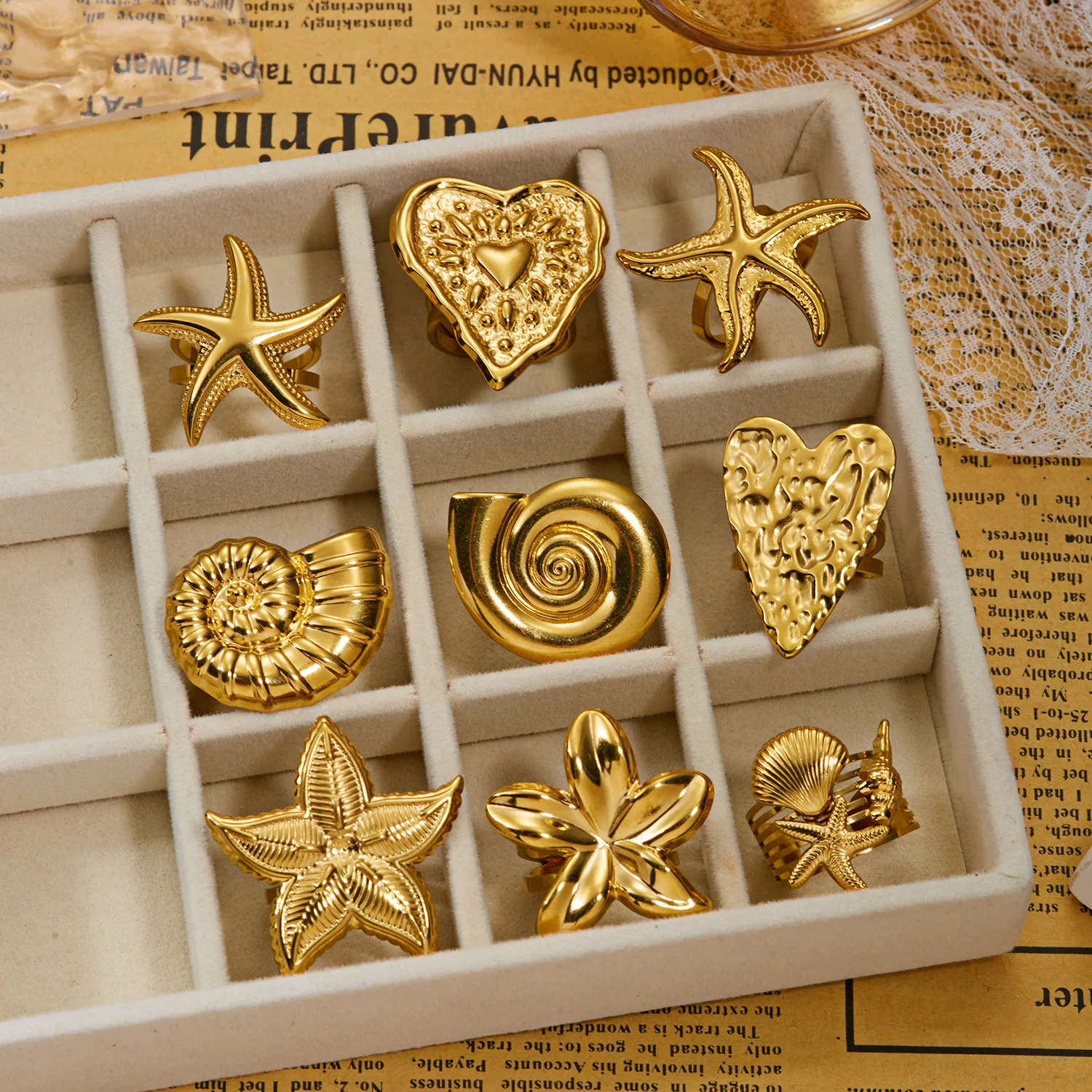 Übertriebener geometrischer Herz-Offenring für Damen, Edelstahl, vergoldet, Seestern-Muschel-Ring, Sommerparty-Schmuckgeschenke – Detail 5