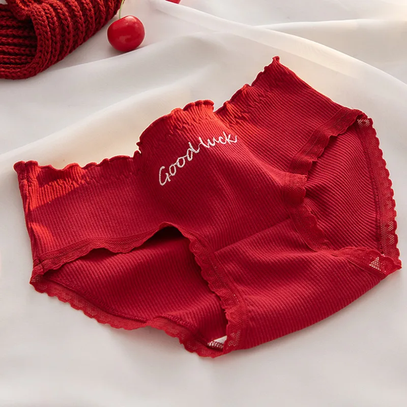 Red Christmas Cute Cotton Girls\' Underwear Women\'s Letter Print Traceless Cartoon Panties Mid Waist Lace Seamless Briefs