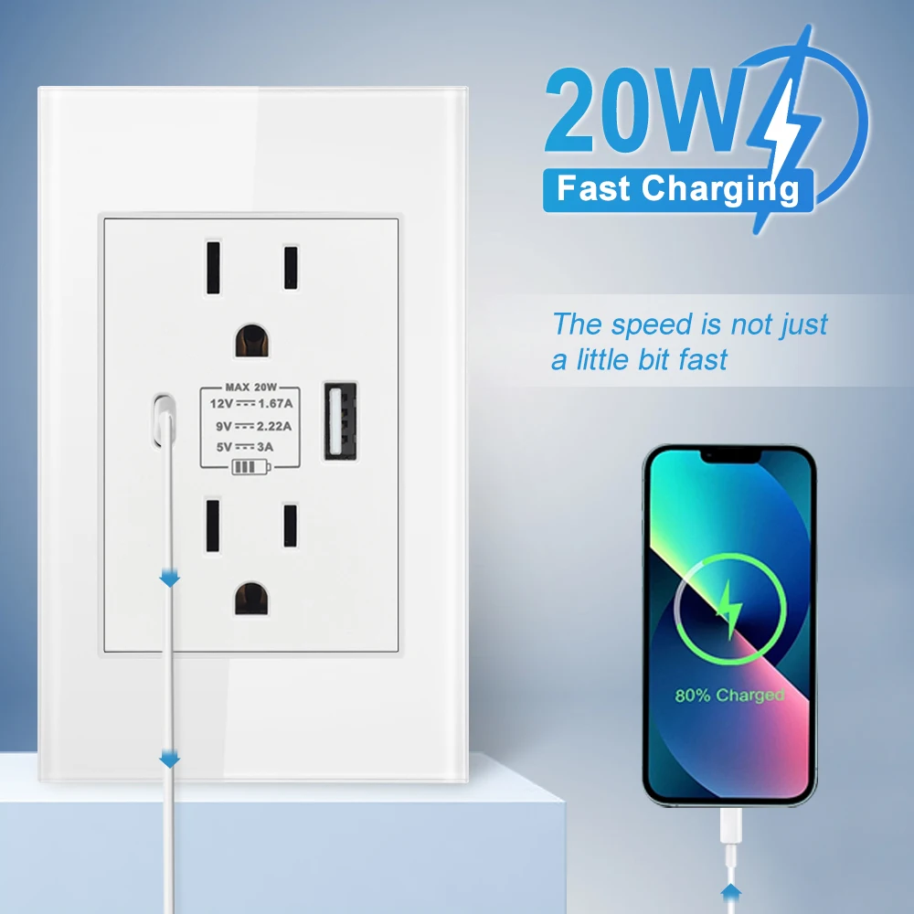 VISWE US Standard Power Plug with USB Type-C Fast Charging 20W, 118*72mm Tempered Glass Panel, America Wall Outlet