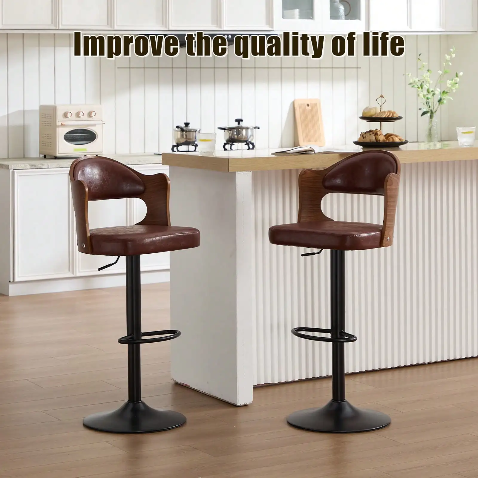 Retro PU Leather Bar Stools Set Of 2, 360° Swivel Bar Stool, Mid-Century Design, Ergonomic Design, L-Shaped Curved Backrest, Height Adjustable, Metal Frame, Suitable For Living Room, Kitchen, Dining Area, Bar And Cafe(Brown)