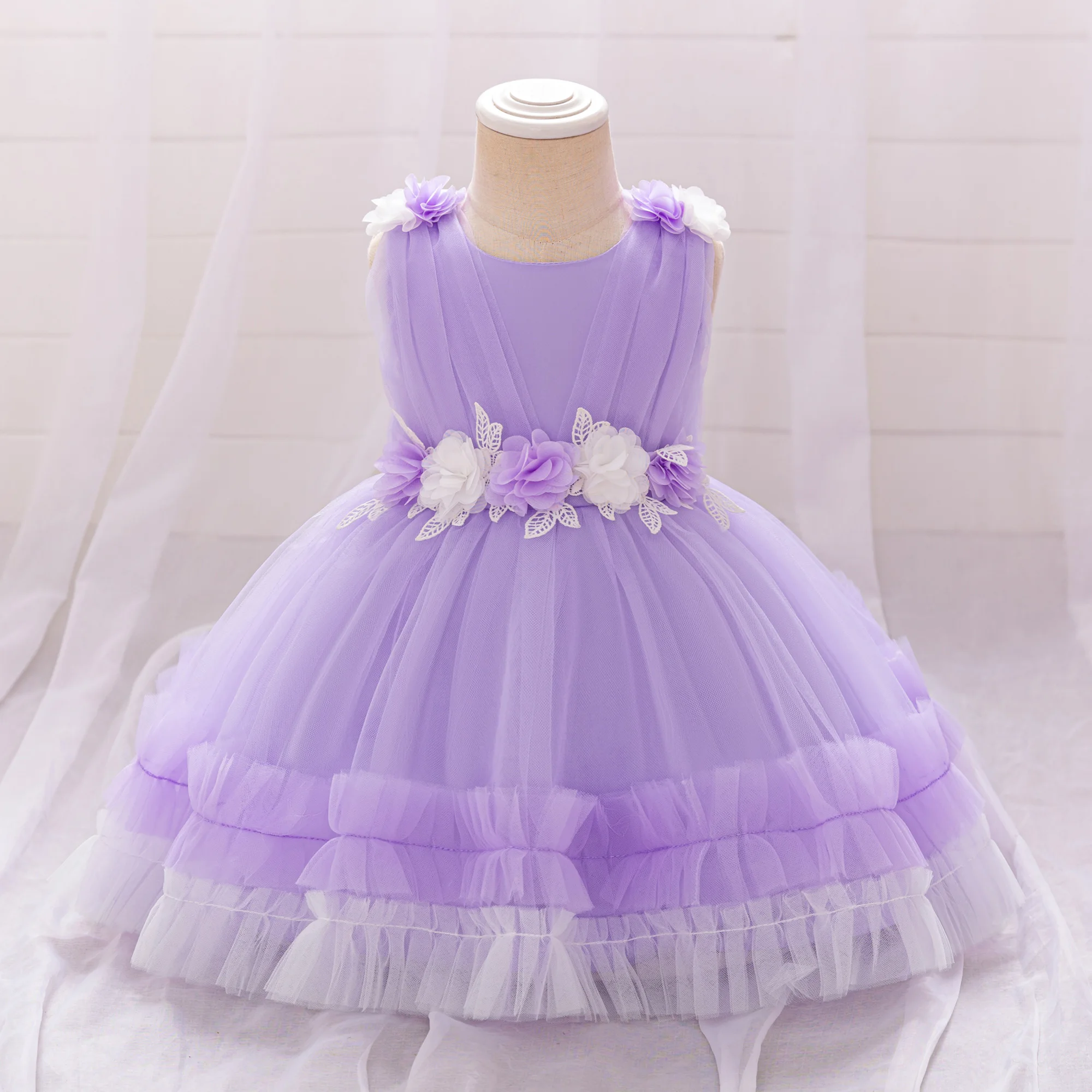 

Baby Girl Flower Party Dress Fluffy Tulle 1st Birthday Wedding Princess Kids Dresses for Girl Bow Bridemaid Baptism Prom Costume