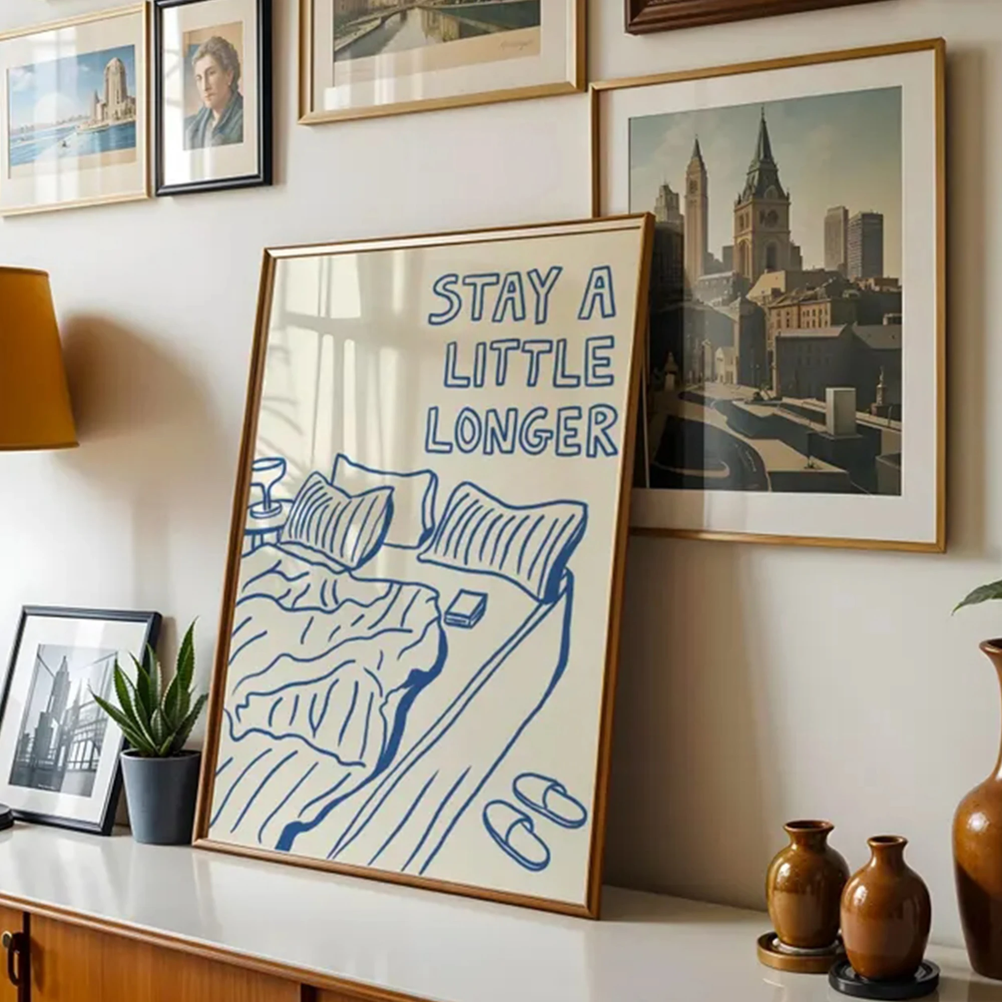 Modern Stay A Little Longer  Blue Line Wall Art Print Canvas Painting Poster Picture For Living Room,Bedroom Home Decor