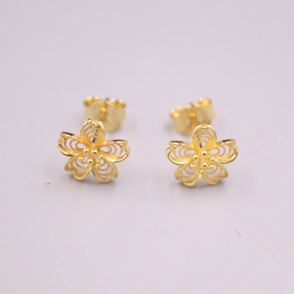 

Real Pure 18K Yellow Gold Stud Women Lucky 9mm Hollow Flower Earrings 1.31g