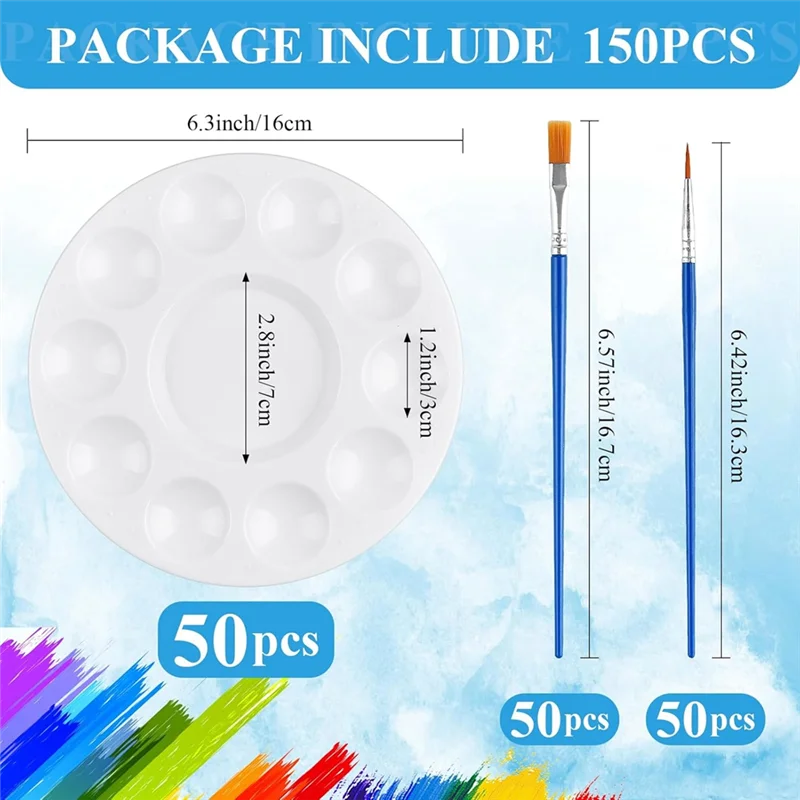 Conjunto de paletas de pincéis de pintura de 150 peças, incluindo 100 peças de pincel de pintura de nylon e 50 peças de paleta de bandeja de pintura de plástico redonda-ABGL