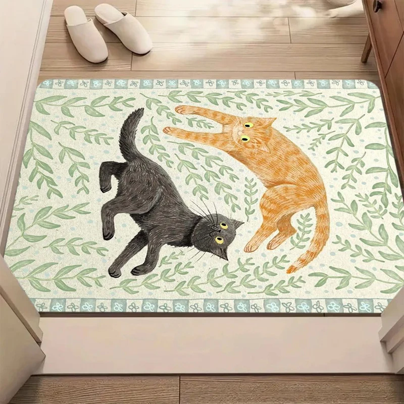 Verspielter Botanischer Katzen-Print Badematte Rutschfest Waschbar Gemütlicher Verspielter Bodenteppich für Badezimmer Schlafzimmer Eingangsbereich Charmante Dekoration