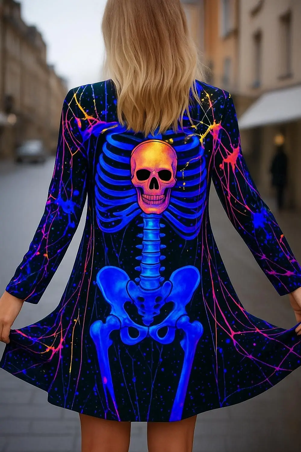 할로윈 여성용 3D 프린트 네온 해골 긴 소매 카디건, 폴리에스테르 오픈 프론트, 경량 커버업, 봄 가을 캐주얼 코트