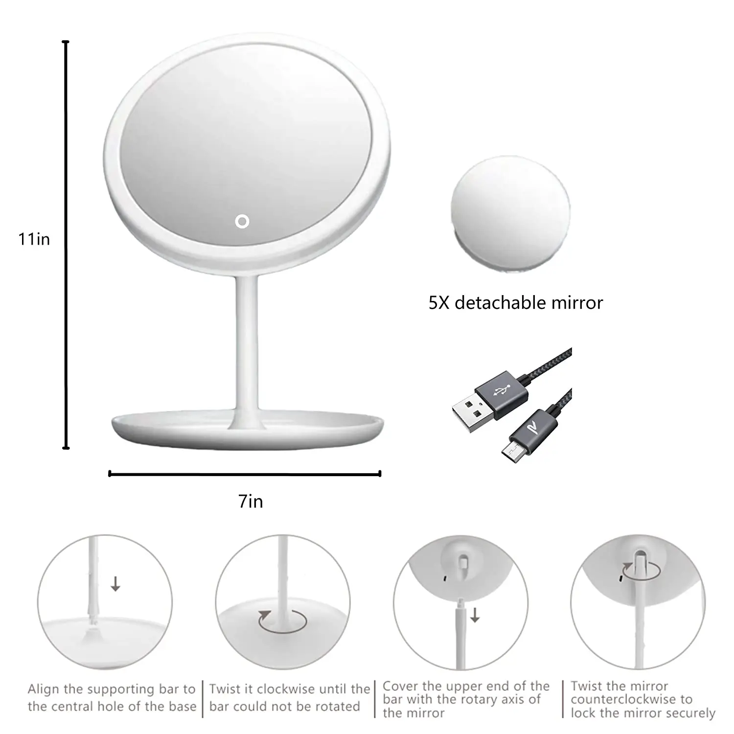 LED Makeup Mirror With Light Lamp With Storage Desktop Rotating Cosmetic Mirror Light Adjustable Dimming USB Vanity Mirror