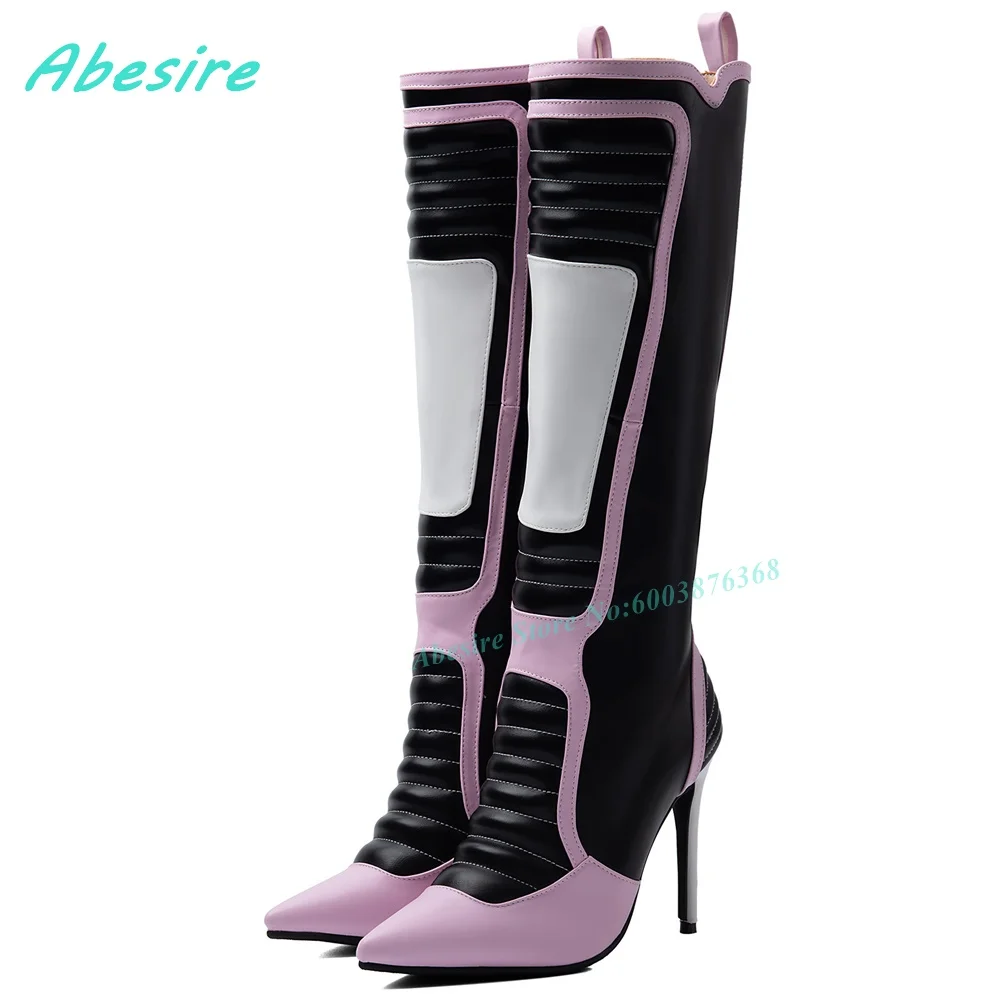 Pink Black White Three Color Knee High Boots Pointed Toe Patchwork Platform Stiletto Heels Women's Boots Street-Style Shoes