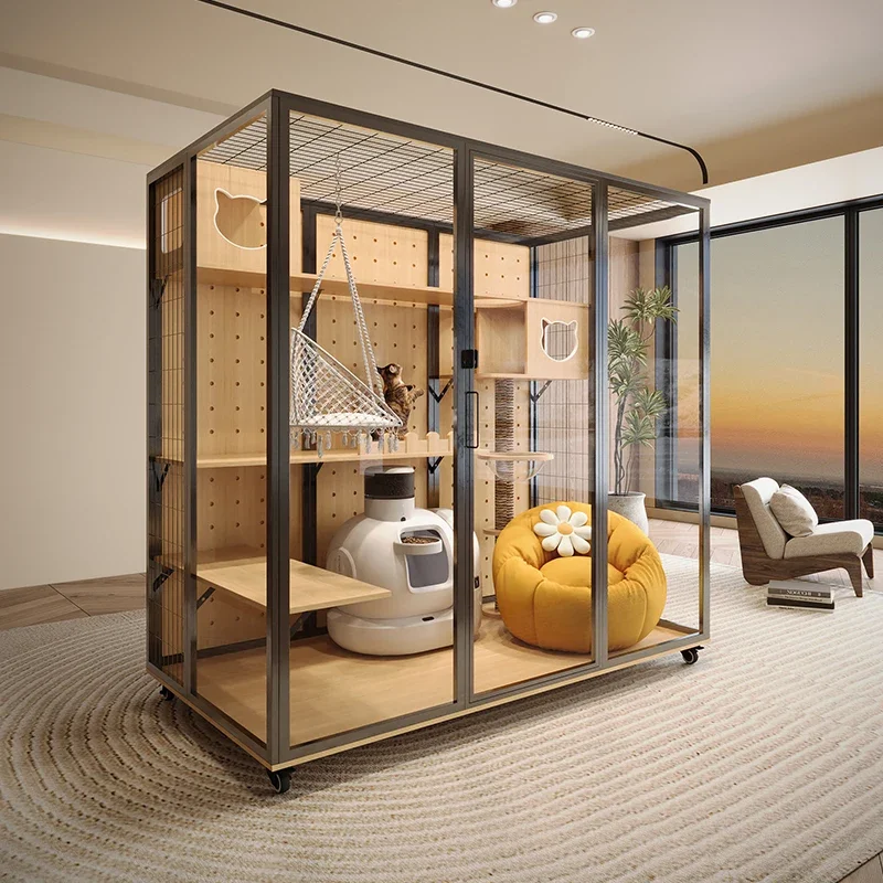 Panoramic cat villa cat cage customization free three-layer oversized household solid wood villa large indoor glass cat room