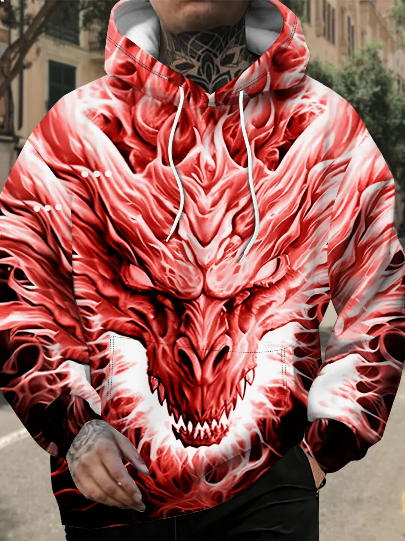 Men Red White Flame Dragon Head Horror 3D All Over Print Hoodie Cool Monster Graphic Casual Long Sleeve Sweatshirt