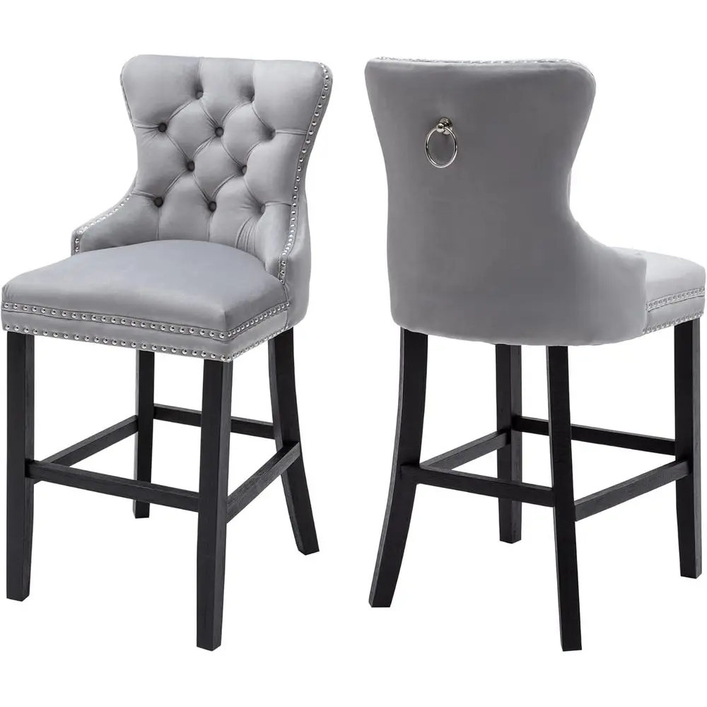 

Пара из 26 барных стульев с бархатной обивкой, пуговичным креплением и отделкой заклепками, светло-серые, для бара или кухонного острова