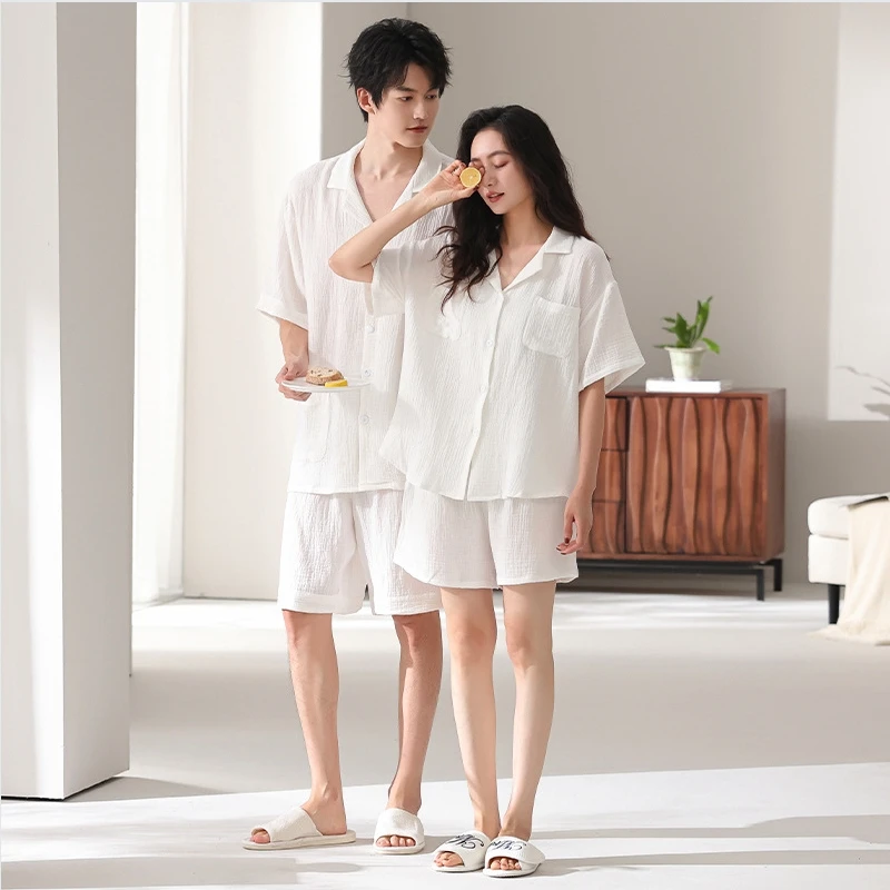 Couple's sleepwear, women's summer thin design, pure cotton double-layer gauze short sleeved shorts, men's soft home clothes, wh