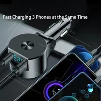 UYUXIO Multi Port USB C Car Charger Adapter PD 30W with Retractable Cable Super Fast with Voltage Display for Macbook iPhone