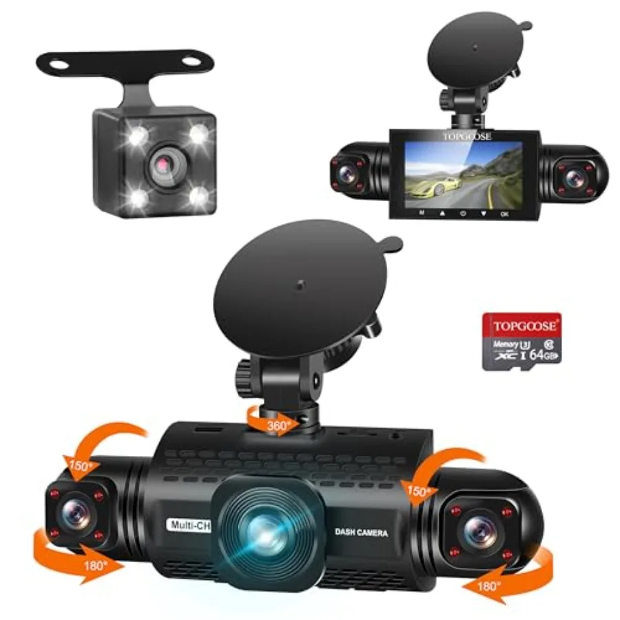 

Car dash cam with 360-degree view, 4-channel FHD 1080P recording, black plastic housing, black color, includes free 64GB card a
