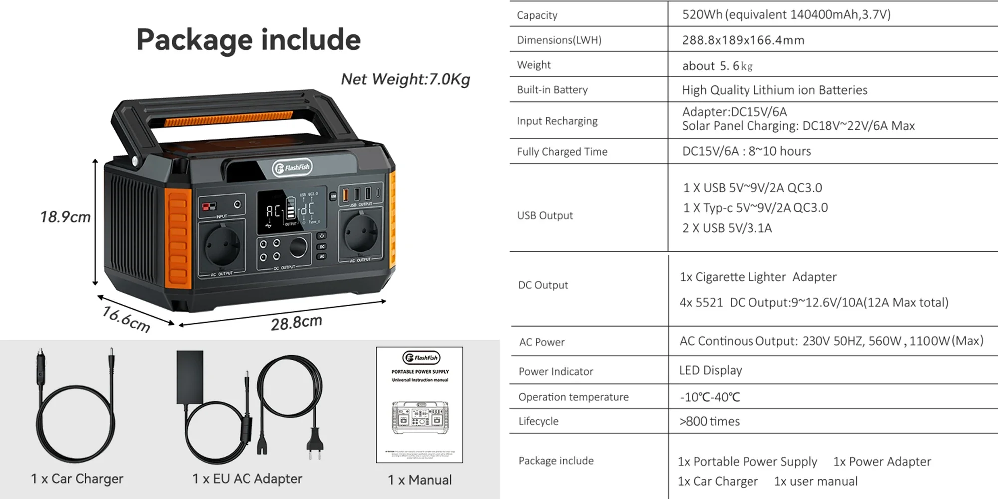 FF FlashFish P60 Power Station 560W Draagbare Zonnegenerator 230V Sinusgolf AC-aansluitingen 520Wh Lithium Batterijen voor Zonnepaneel