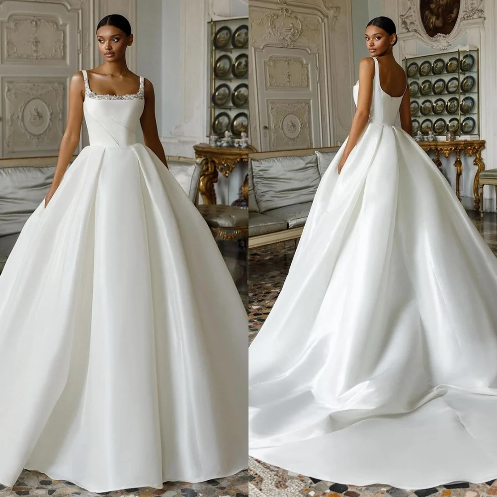 

Customized High Quality White Satin Bridal Gowns Simple Square Collar Cap Sleeve Wedding Dress Chapel Train Zipper Back Dress