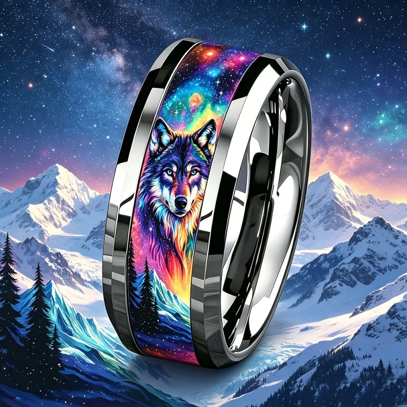Huitan Colorful Wolf Print Sticker Stainless Steel Ring for Women/Men Starry Statement Party Hiphop Metal Accessories Jewelry