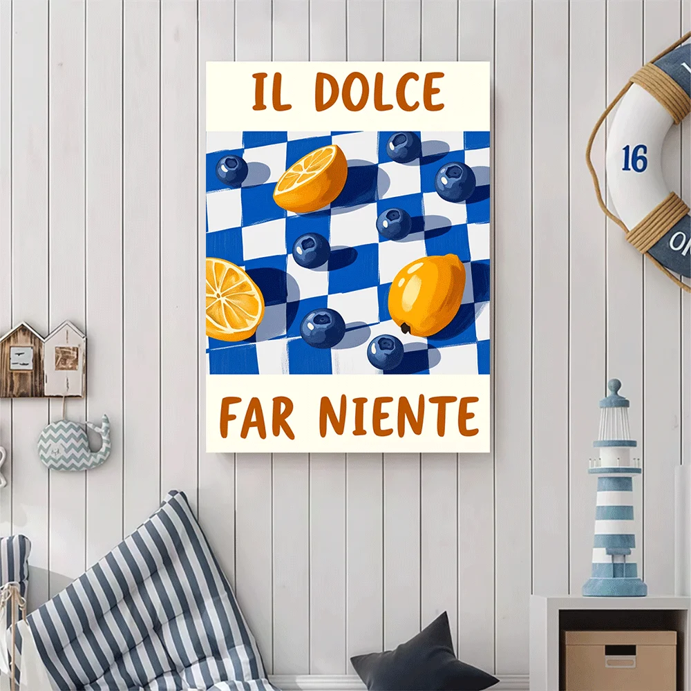 1PC-Canvas poster Unframed  Italian Lemon Blueberry Checkered Canvas Art Print  summer