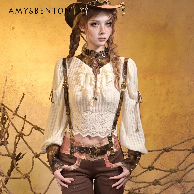 

Original Punk Design Knitted Leather Splicing Sweet Cool Women's Shirts 2025 Autumn Vintage Lace-Up Long Sleeve Shirts Ladies