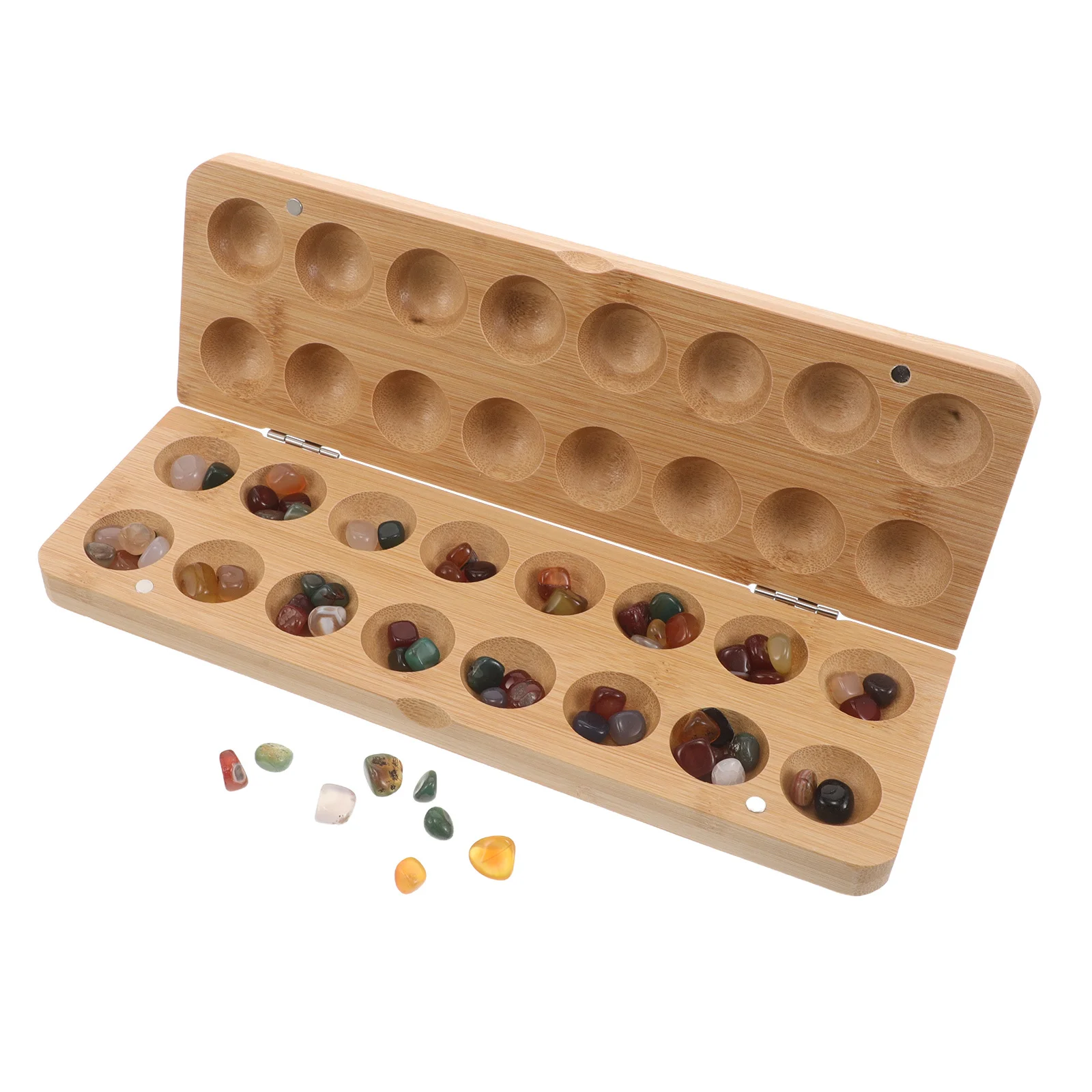 

1Set Mancala Board Game Handmade Bamboo Chess Stone Pebbles Colorful Indoor Logical