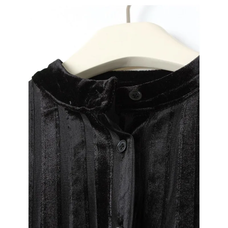 ブラックレトロフレンチシャツ2025秋新作コーデュロイスタンドカラー長袖ボタンスプライシングカーディガン