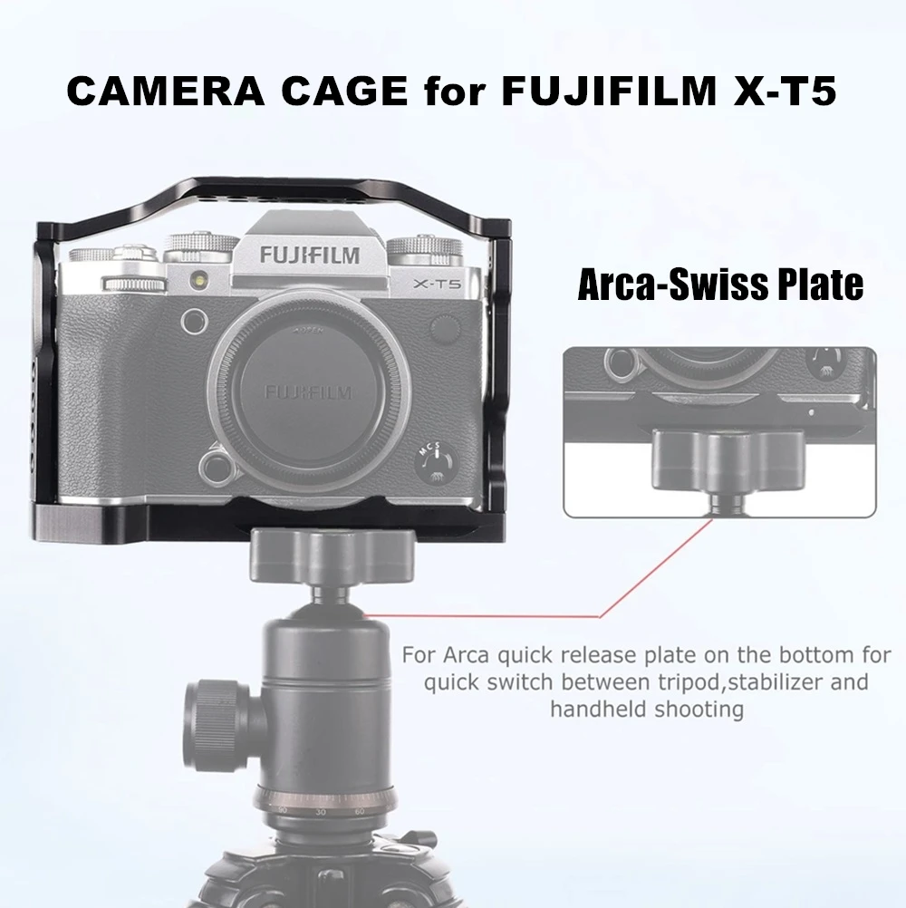 

Клетка для камеры Fujifilm X-T5, алюминиевая видеоустановка с направляющей НАТО, холодный башмак, винтовое крепление 1/4 дюйма, быстросъемная пластина для штатива Arca