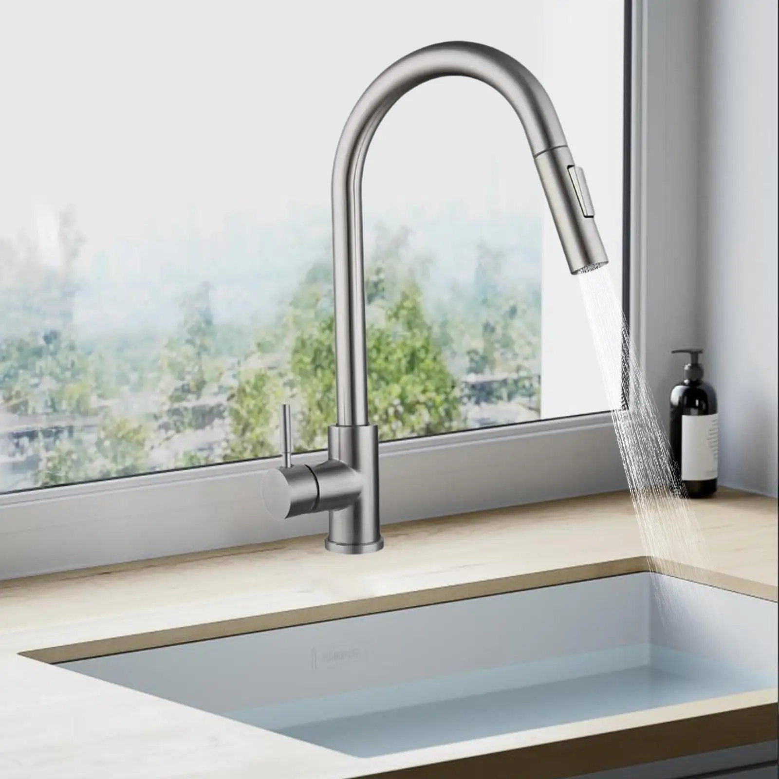 

Kitchen Faucet with Pull Down Spray Waterfall Kitchen Sink Faucet for Camping cylinder 2 gears silvery