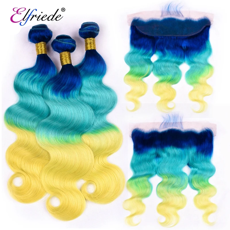 Elfriede bundel rambut berwarna Ombre untuk tubuh biru/hijau/kuning dengan ekstensi rambut manusia Frontal 3 bundel dengan renda Frontal 13x4